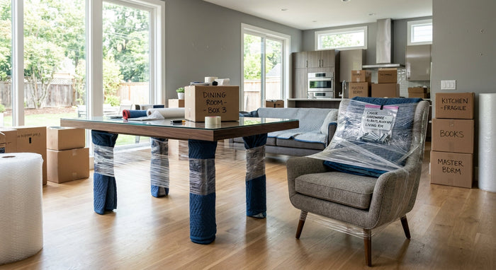 Carefully wrapped dining table and accent chair prepared for long-distance moving