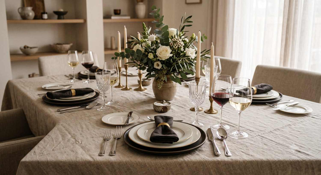 Proper dinner table setting with plates, flatware, and glassware