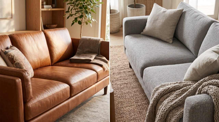 Comparing a cognac leather sofa and a grey fabric sofa
