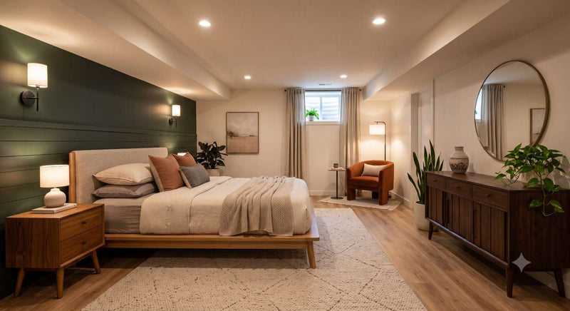 Modern basement bedroom with low-profile platform bed, layered warm lighting, and a dark green accent wall by Elax Furniture.