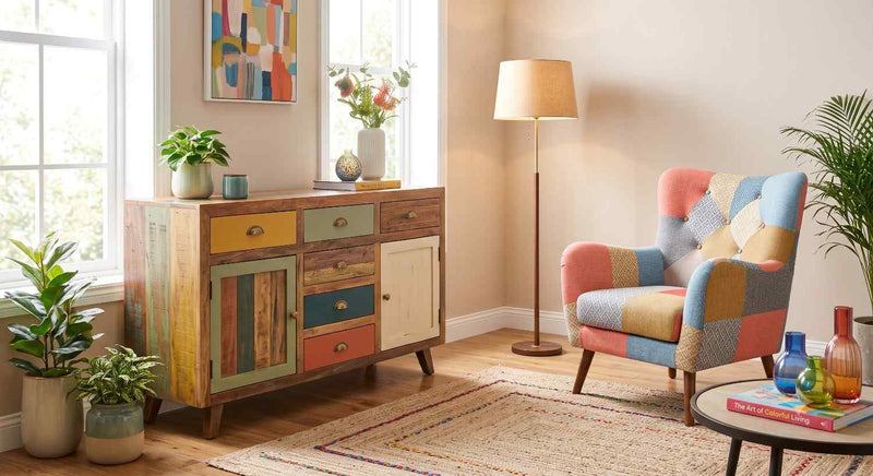 Multi-colored sideboard and patchwork armchair brightening up a modern sunlit living room