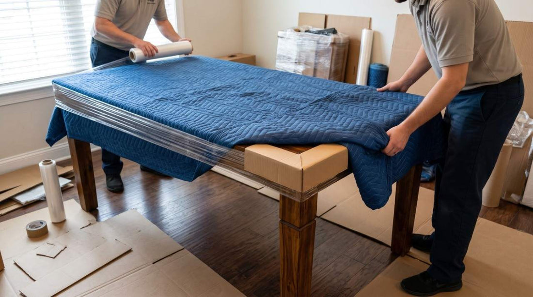 Movers wrapping wooden dining table with moving blanket and corner guards