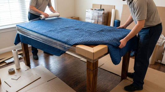 Movers wrapping wooden dining table with moving blanket and corner guards