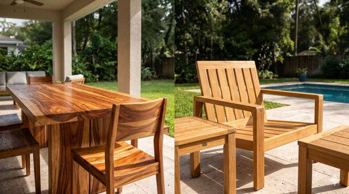 Side-by-side comparison of acacia and teak outdoor furniture on a patio