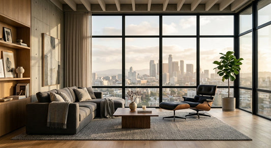 Sleek modern living room featuring a low-profile sectional sofa, sculpted wood lounge chair, and minimalist coffee table.
