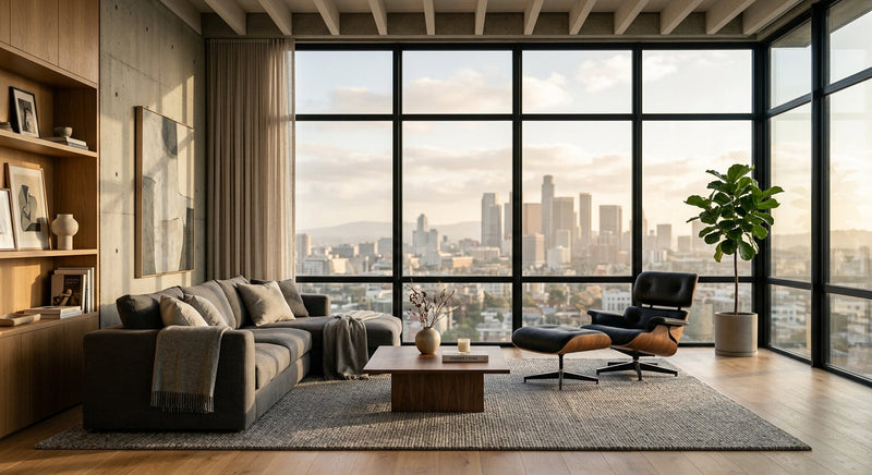 Sleek modern living room featuring a low-profile sectional sofa, sculpted wood lounge chair, and minimalist coffee table.