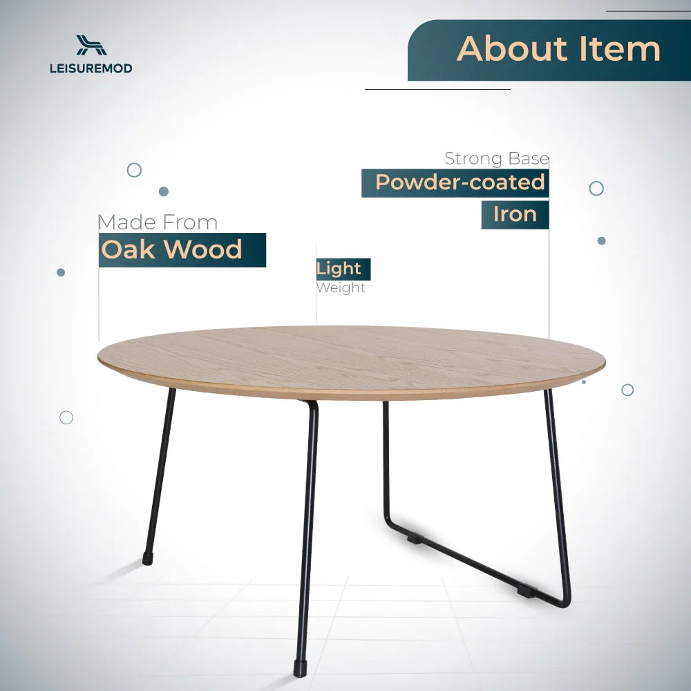 Pemborke Round Coffee Table with Oak Wood Tabletop in Iron - Elax Furniture