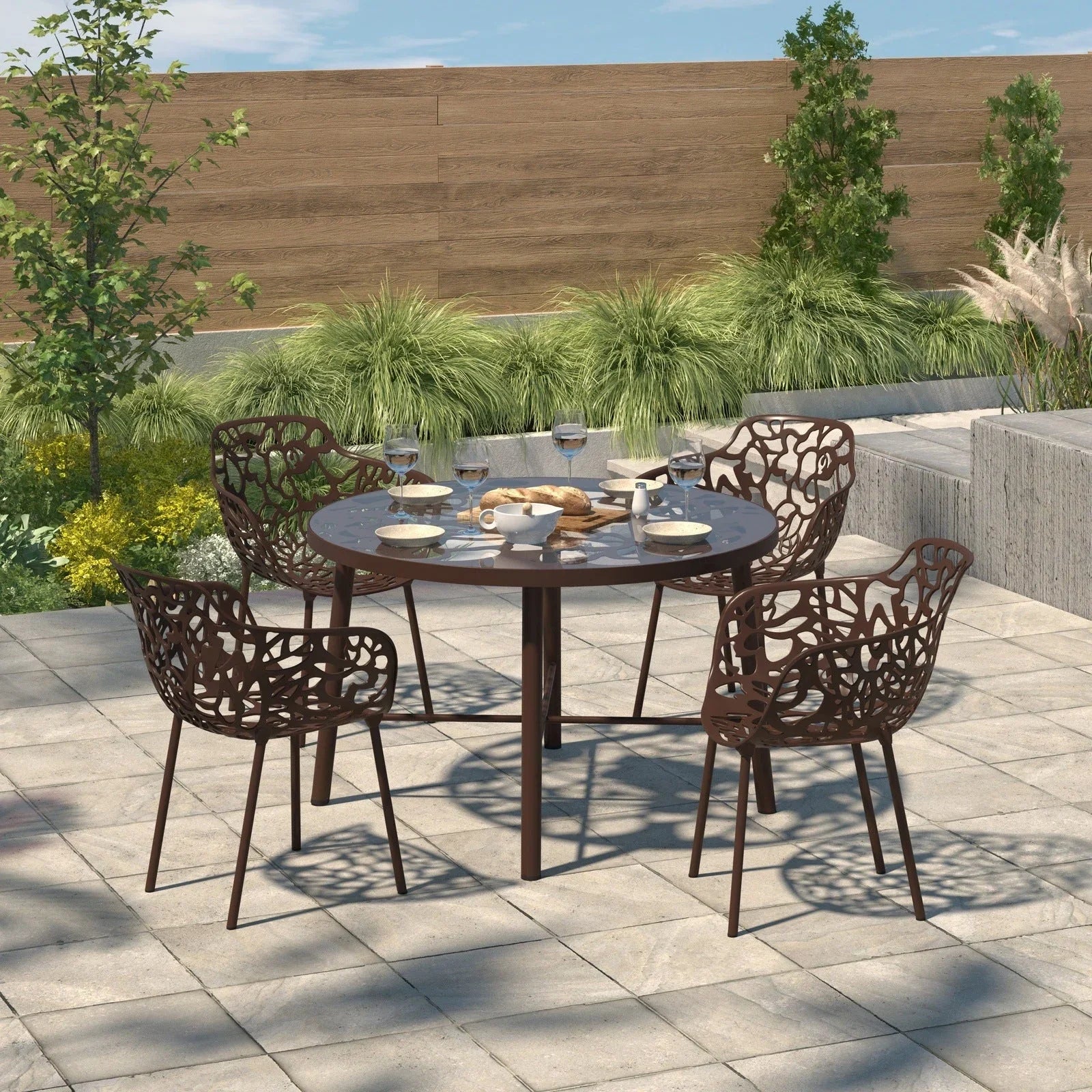 Devon Aluminum Indoor Outdoor Dining Armchairs with Flower Pattern and Stackable Design Set of 4 - Elax Furniture