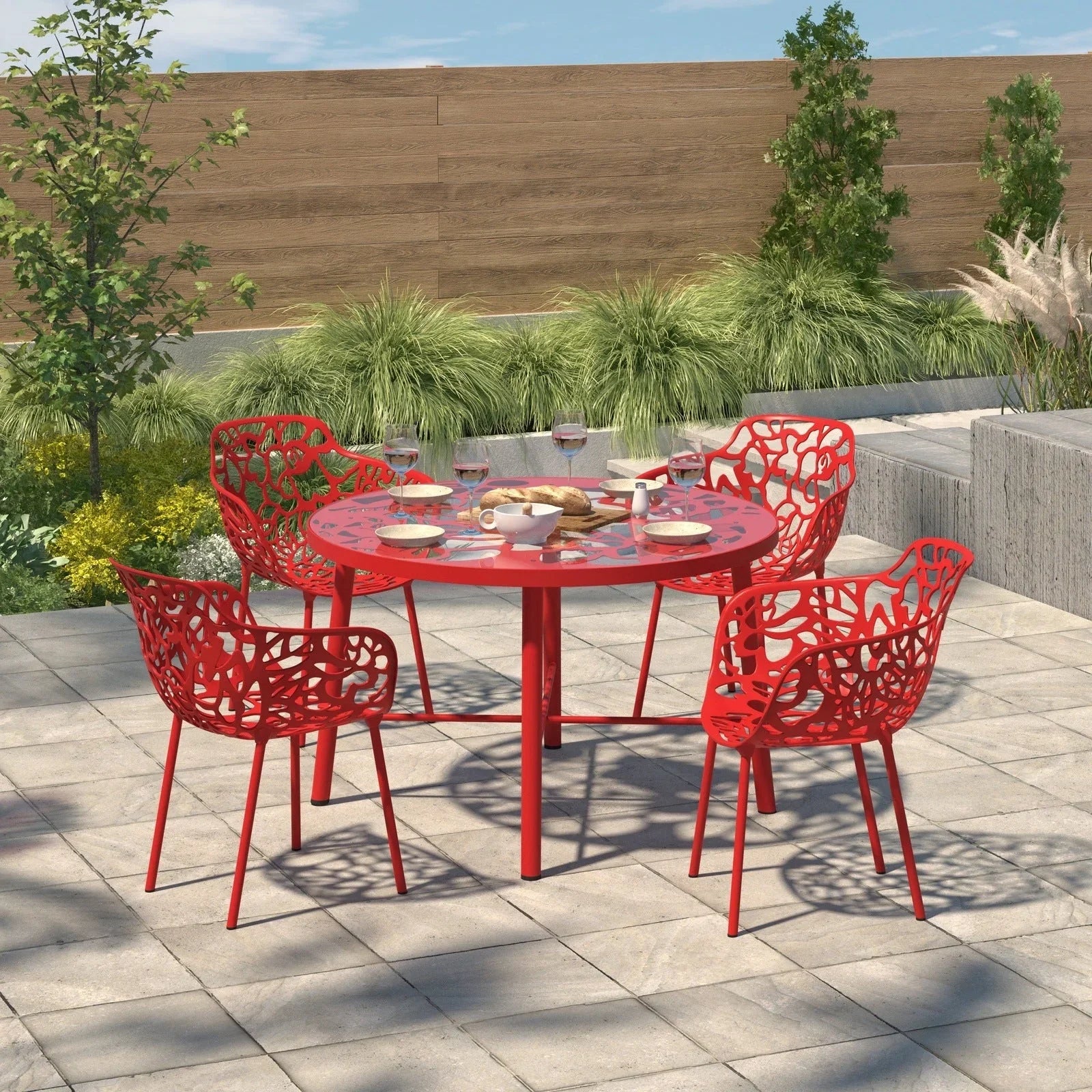 Devon Aluminum Indoor Outdoor Dining Armchairs with Flower Pattern and Stackable Design Set of 4 - Elax Furniture