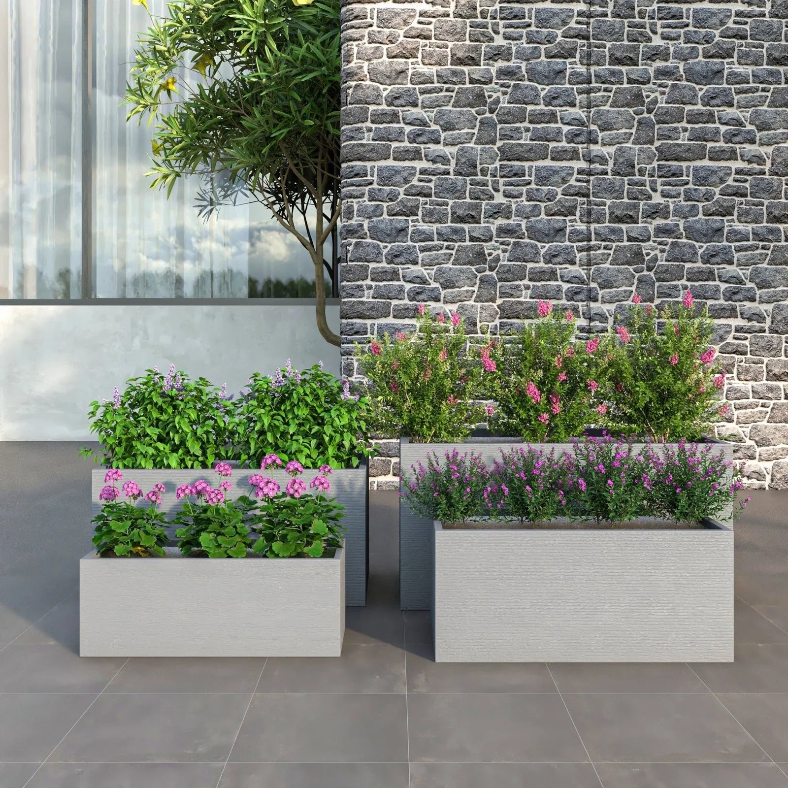 Flora Modern 3-Piece Rectangular Planter Pot Set in Fiberstone and Clay Weather Resistant Design in Grey - Elax Furniture