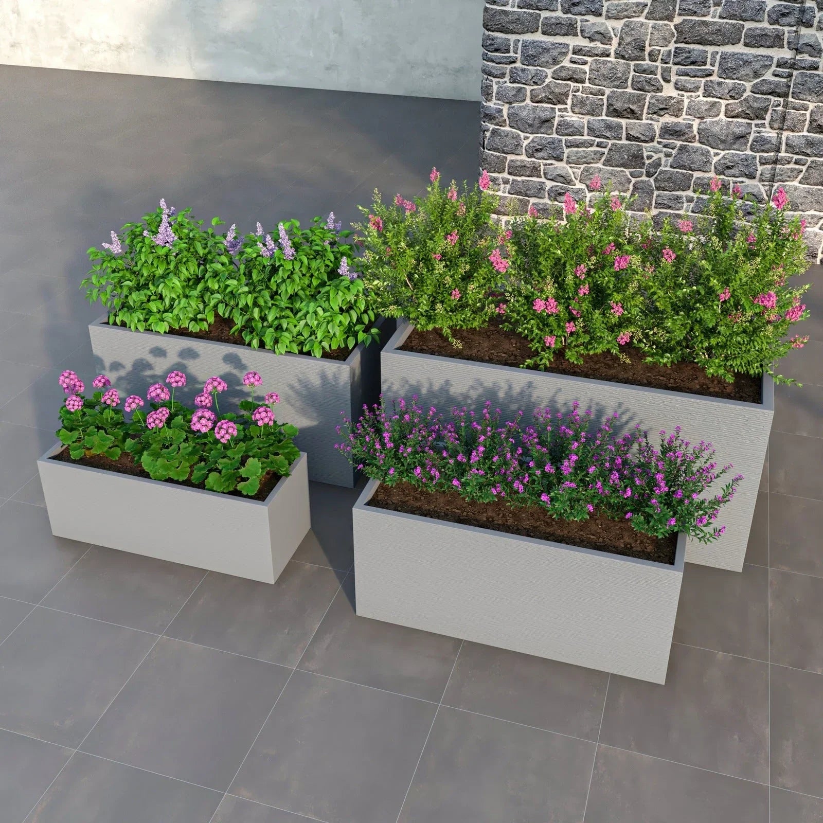 Flora Modern 3-Piece Rectangular Planter Pot Set in Fiberstone and Clay Weather Resistant Design in Grey - Elax Furniture