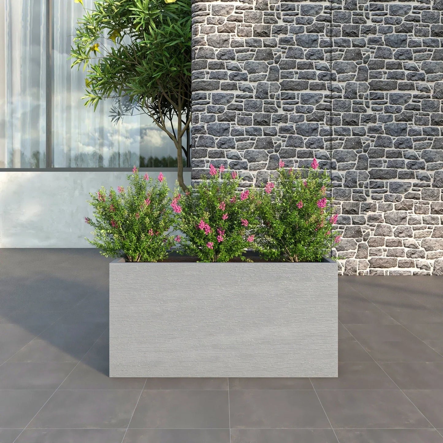 Flora Modern Rectangular Planter Pot in Fiberstone and Clay Weather Resistant Design in Grey - Elax Furniture
