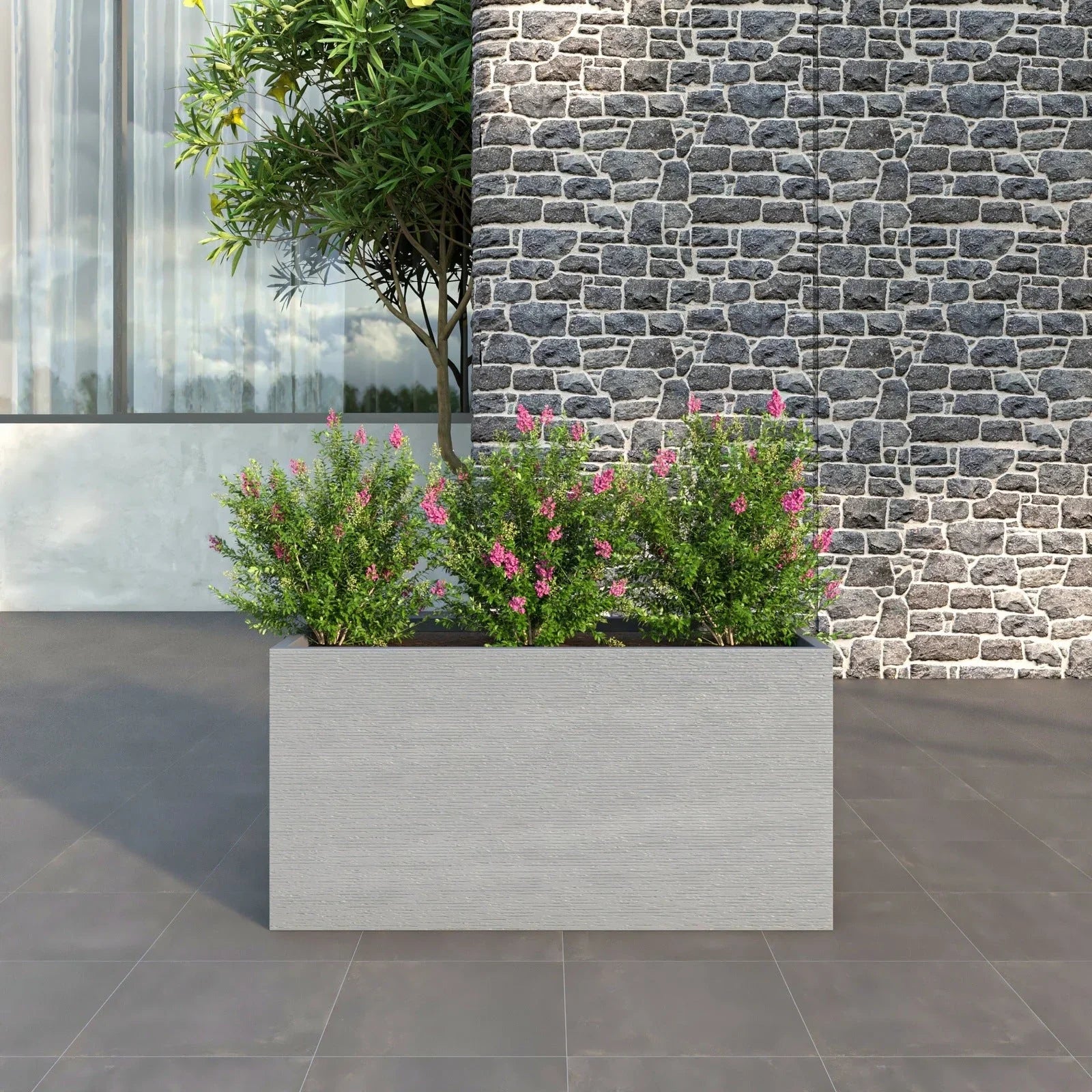 Flora Modern Rectangular Planter Pot in Fiberstone and Clay Weather Resistant Design in Grey - Elax Furniture