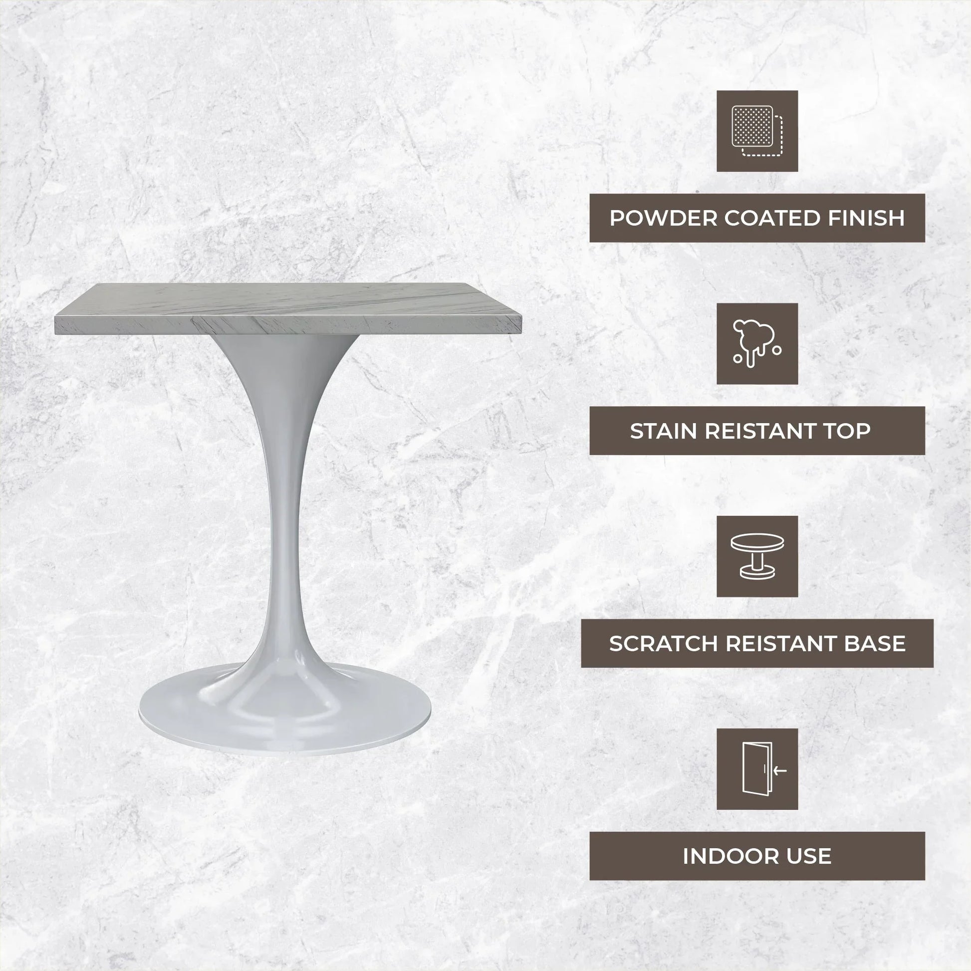 Verve Square Dining Table with a Laminated White Marbleized Tabletop and White Steel Pedestal Base - Elax Furniture