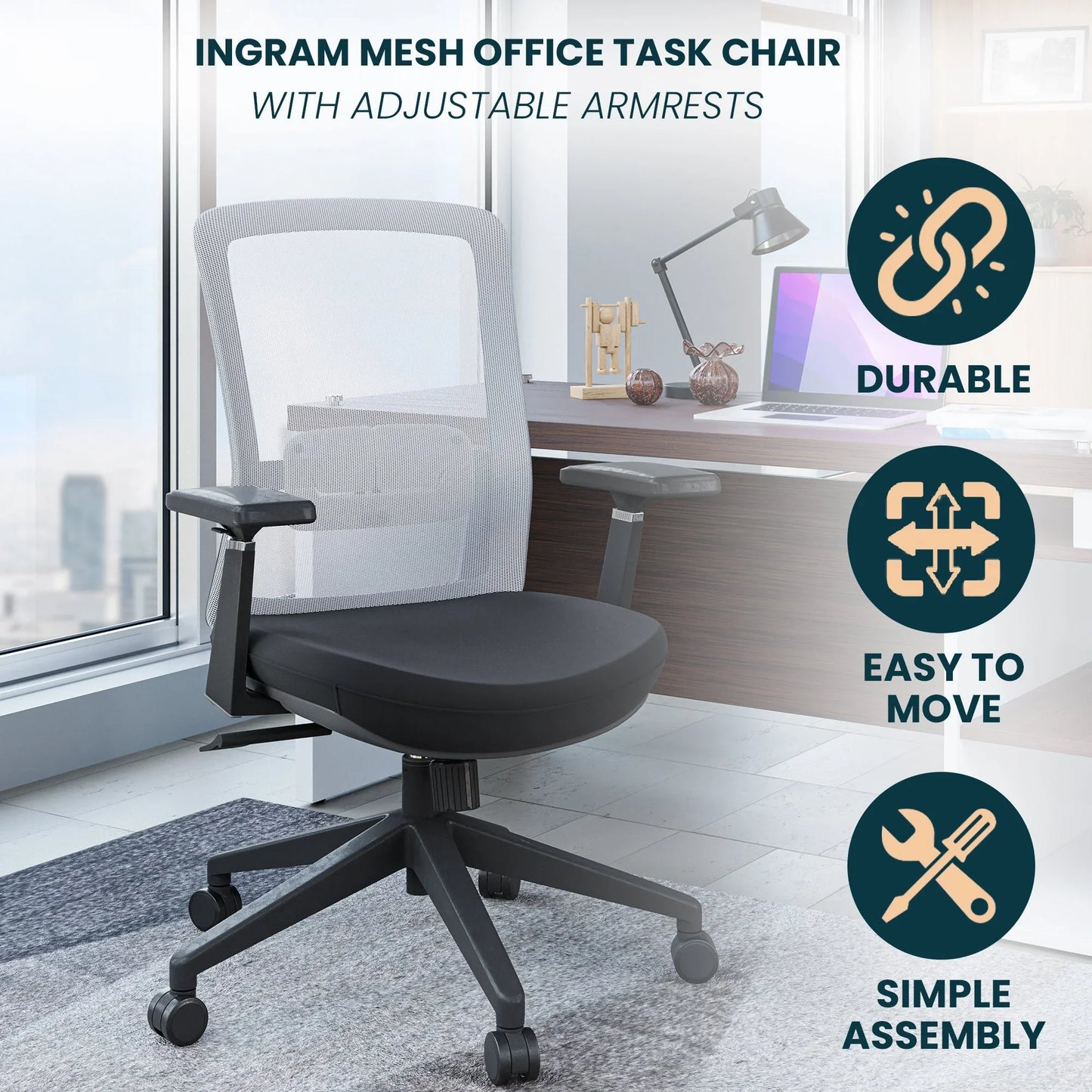 Ingram Ergonomic Modern Office Mesh Task Chair With Adjustable Height - Elax Furniture