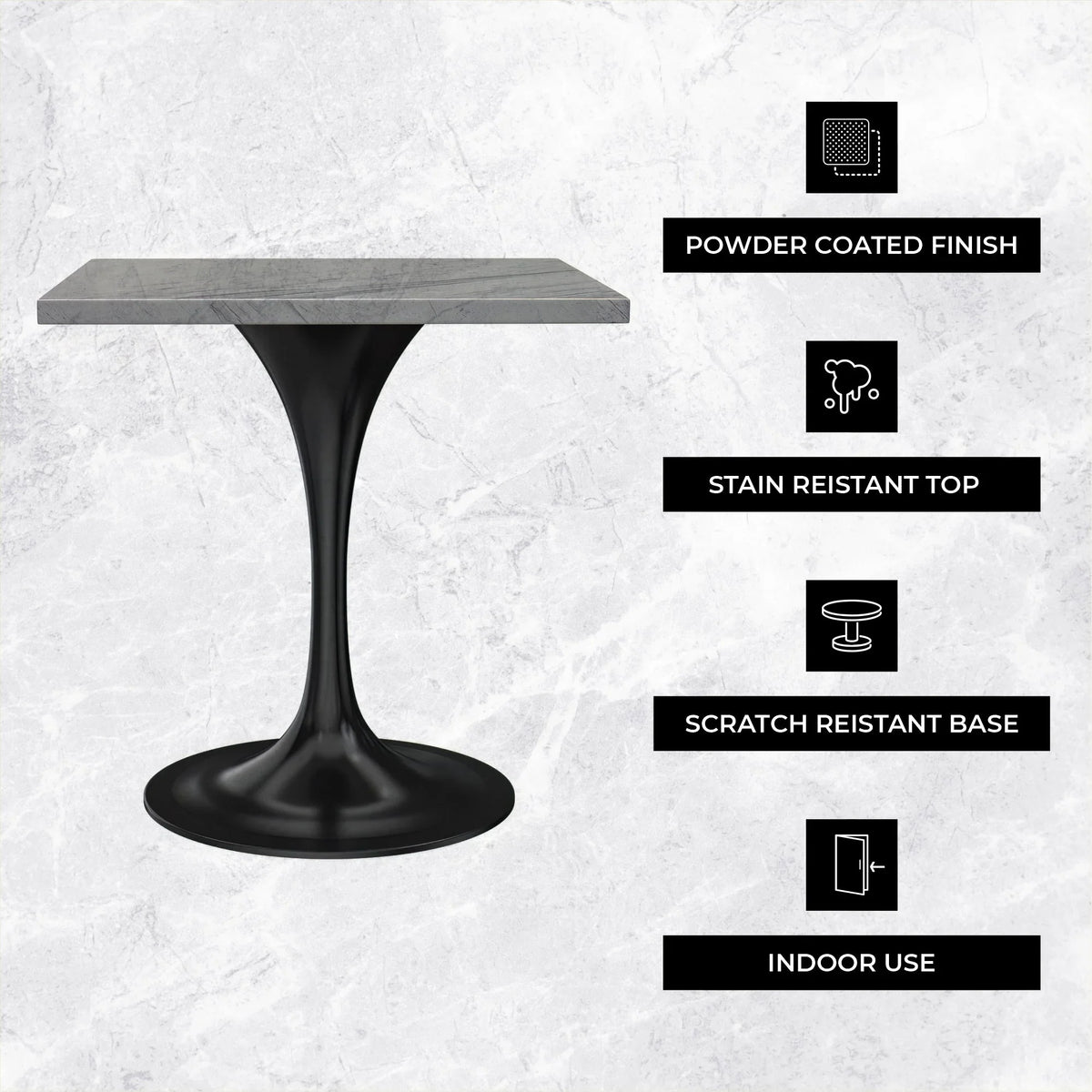 Verve Square Dining Table with a Laminated White Marbleized Tabletop and Black Stainless Steel Base - Elax Furniture