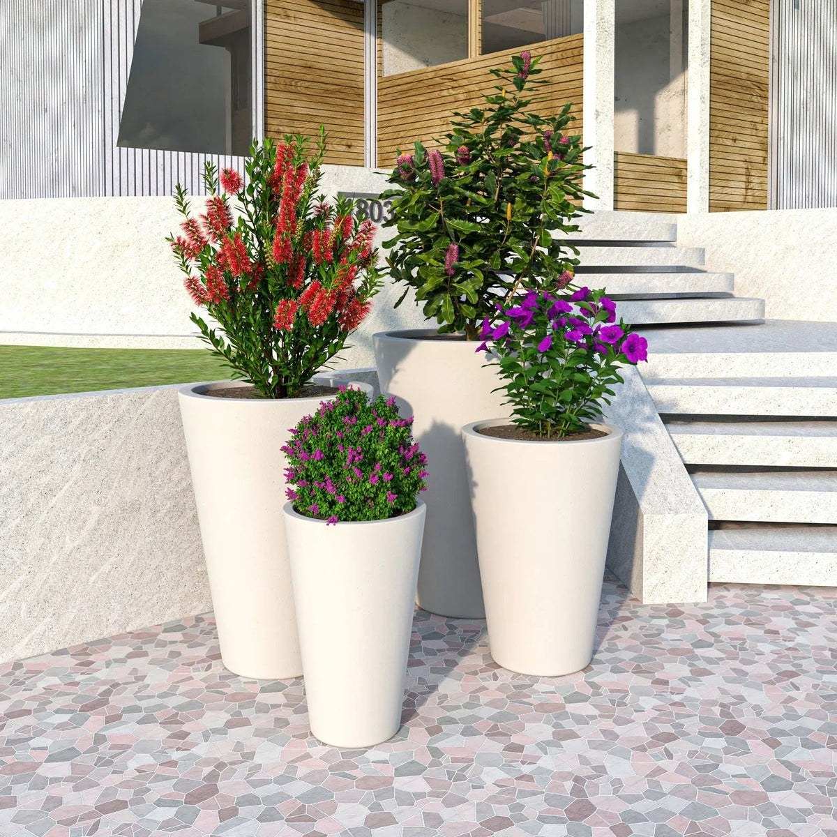 Pebble 4-Piece Modern Fiberstone and MGO Clay Tapered Round Planter Set for Indoor and Outdoor - Elax Furniture