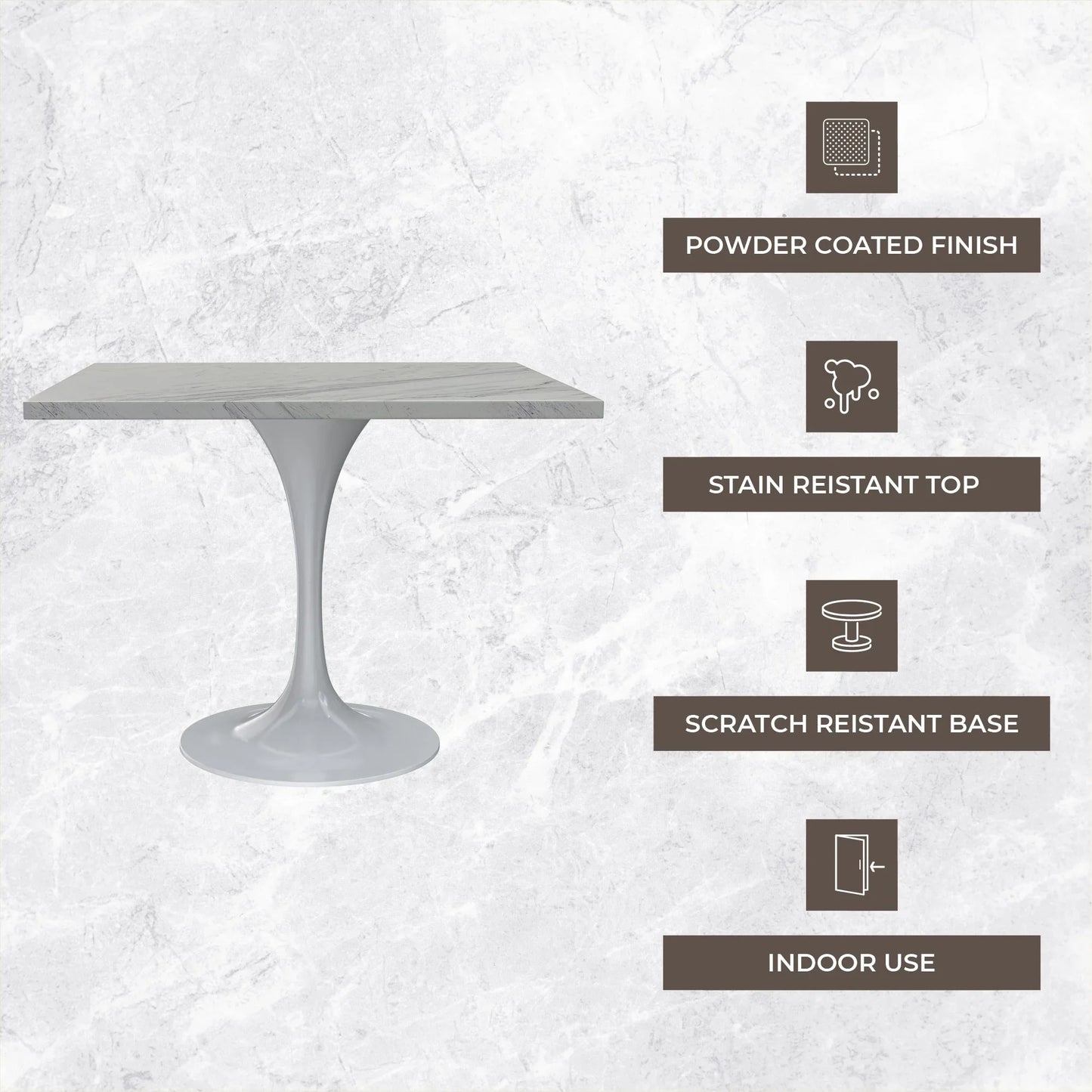 Verve Square Dining Table with a Laminated White Marbleized Tabletop and White Steel Pedestal Base - Elax Furniture