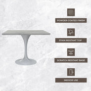 Verve Square Dining Table with a Laminated White Marbleized Tabletop and White Steel Pedestal Base - Elax Furniture
