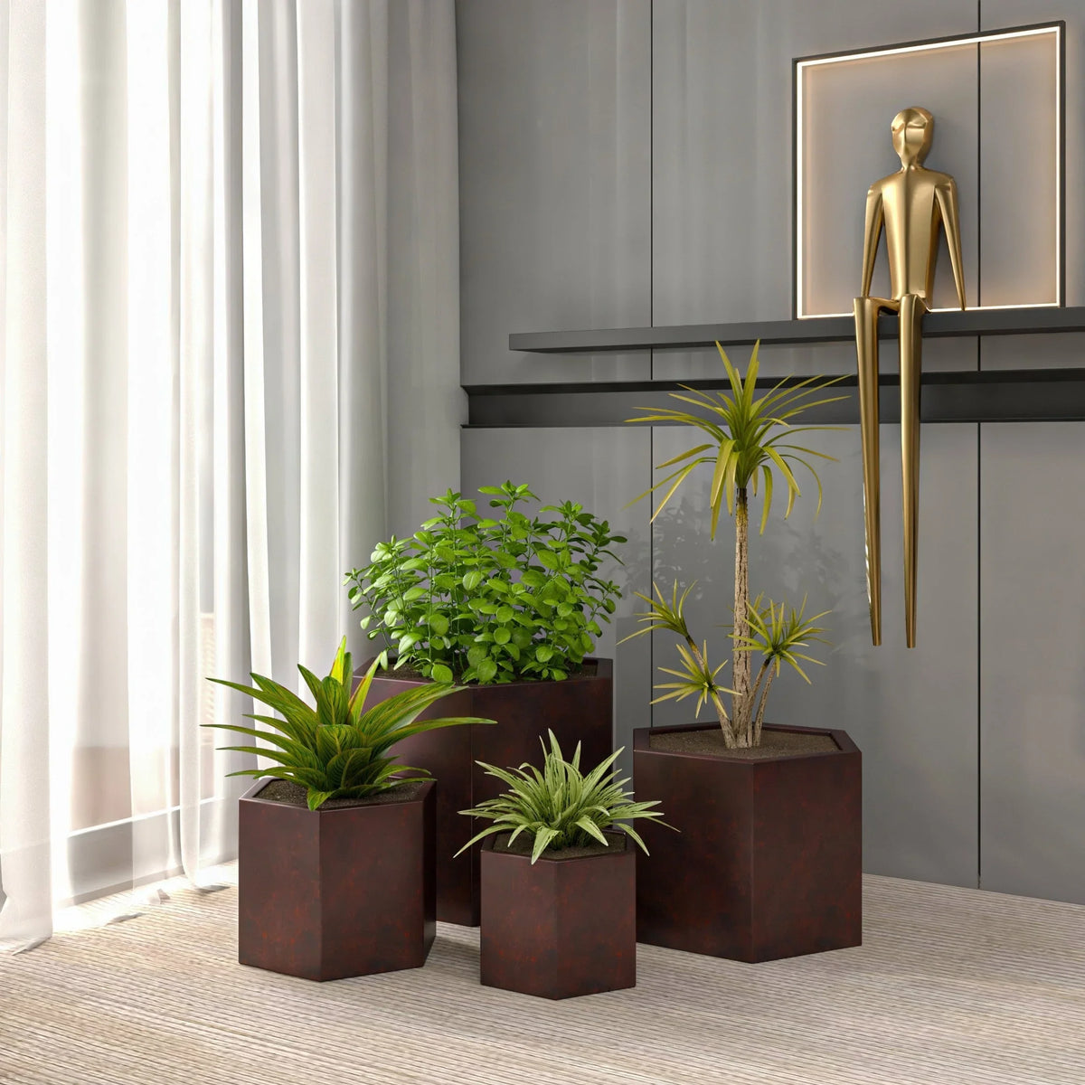 Thicket Modern 4-Piece Fiberstone Planter - Hexagon Design Weather Resistant Plant Pot - Elax Furniture
