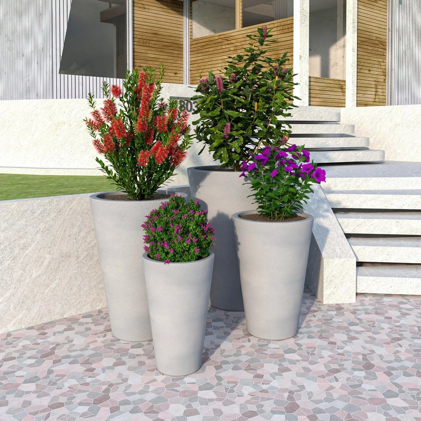 Pebble 4-Piece Modern Fiberstone and MGO Clay Tapered Round Planter Set for Indoor and Outdoor - Elax Furniture