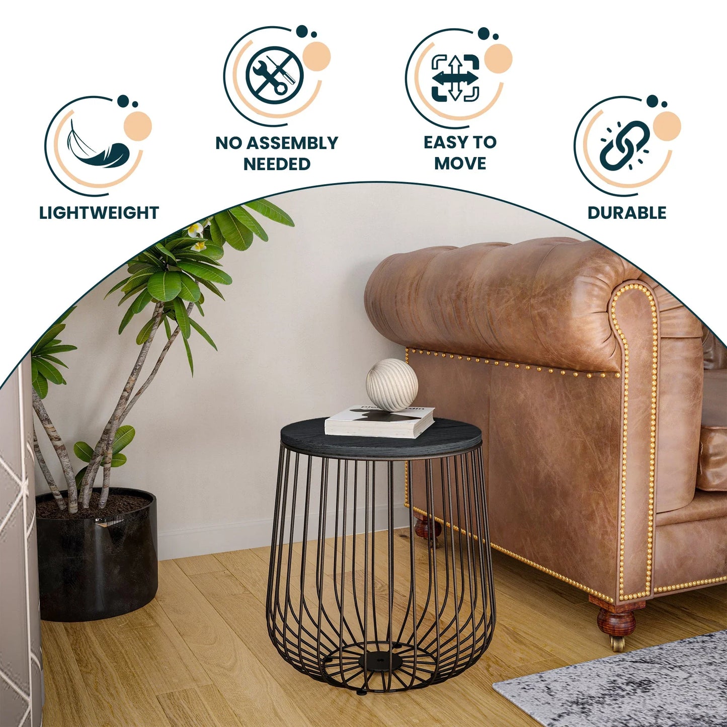 Runswick Round End Table Wood Tabletop With Steel Drum Base for Storage - Elax Furniture