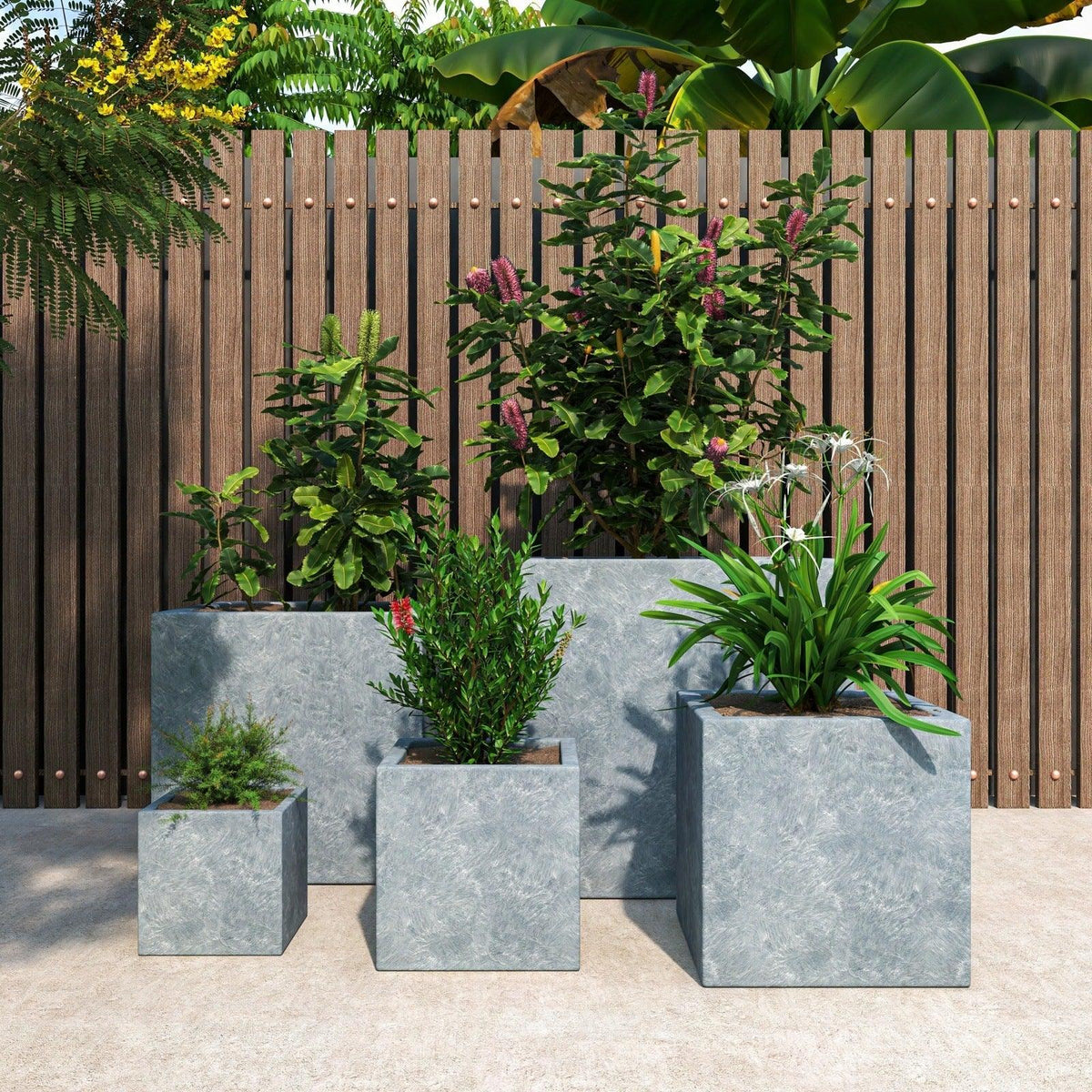 Flora Modern 3-Piece Rectangular Planter Pot Set in Fiberstone and Clay Weather Resistant Design in Grey - Elax Furniture