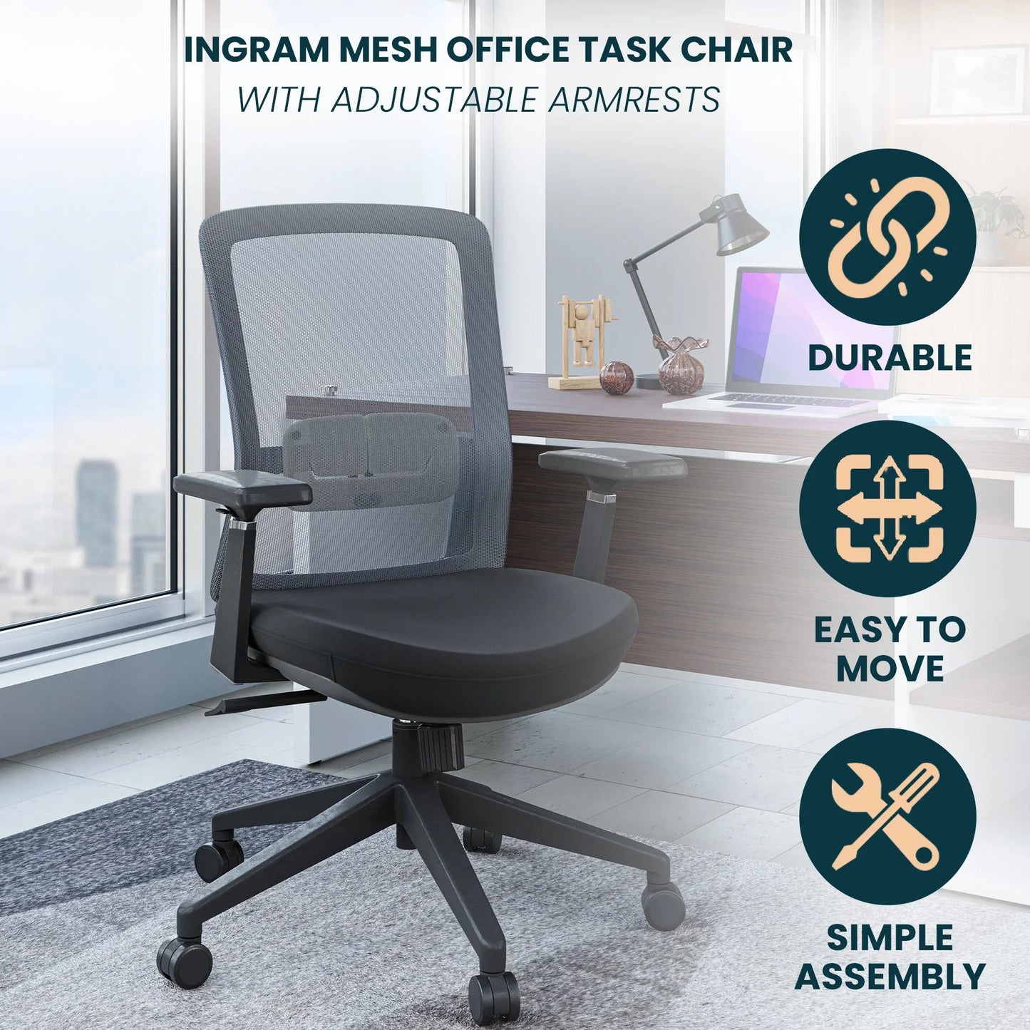 Ingram Ergonomic Modern Office Mesh Task Chair With Adjustable Height - Elax Furniture