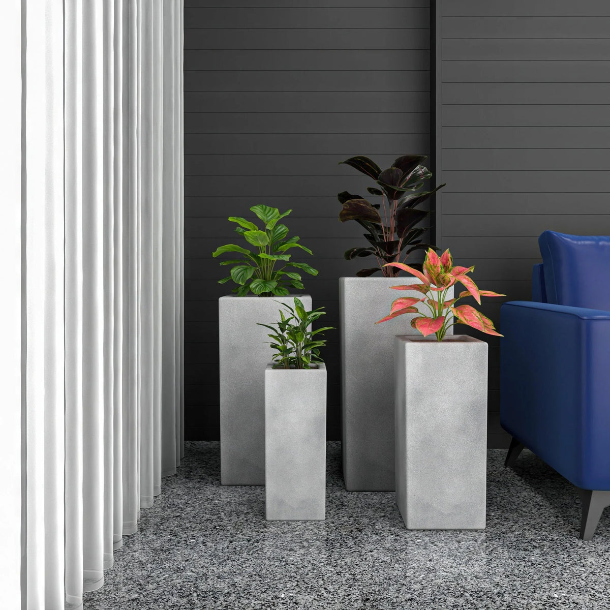 Terra 4-Piece Fiberstone and MGO Clay Planter Set, Mid-Century Modern Tall Square Planter Pot for Indoor and Outdoor - Elax Furniture