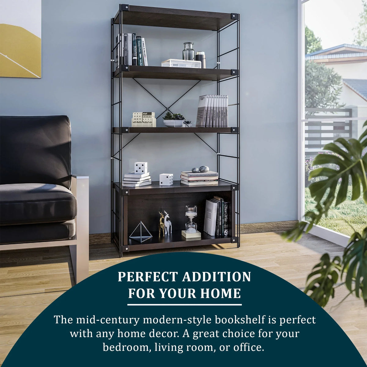 Brentwood Etagere Bookcase with Black Powder Coated Steel Frame and Melamine Board Shelves - Elax Furniture