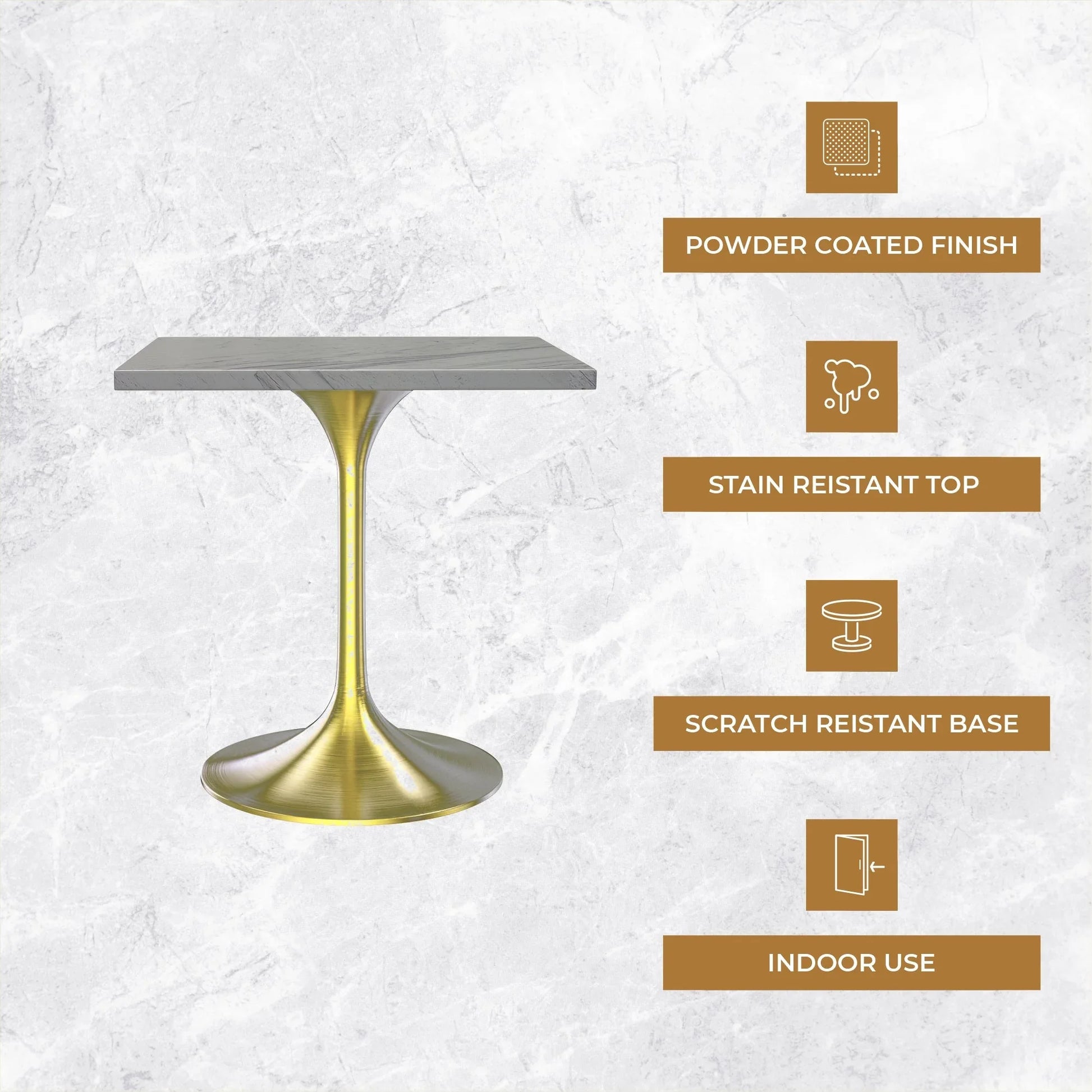 Verve Square Dining Table with a Laminated White Marbleized Tabletop and Brushed Gold Stainless Steel Base - Elax Furniture