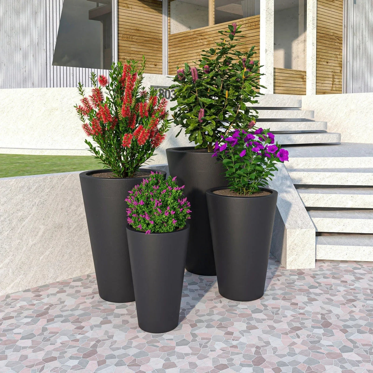Pebble 4-Piece Modern Fiberstone and MGO Clay Tapered Round Planter Set for Indoor and Outdoor - Elax Furniture