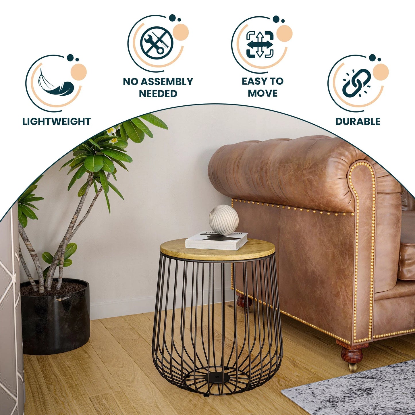 Runswick Round End Table Wood Tabletop With Steel Drum Base for Storage - Elax Furniture