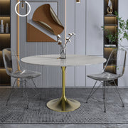 Verve Round Dining Table with MDF/Sintered Stone/Resin Tabletop in Gold Stainless Steel Pedestal Base - Elax Furniture