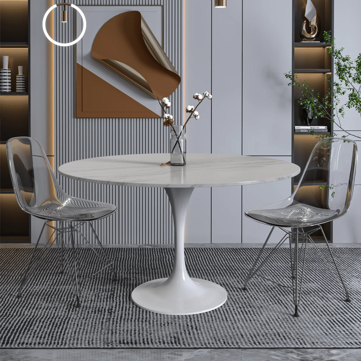 Verve Round Dining Table with MDF/Sintered Stone/Resin Tabletop in White Stainless Steel Pedestal Base - Elax Furniture