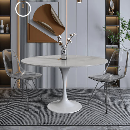 Verve Round Dining Table with MDF/Sintered Stone/Resin Tabletop in White Stainless Steel Pedestal Base - Elax Furniture