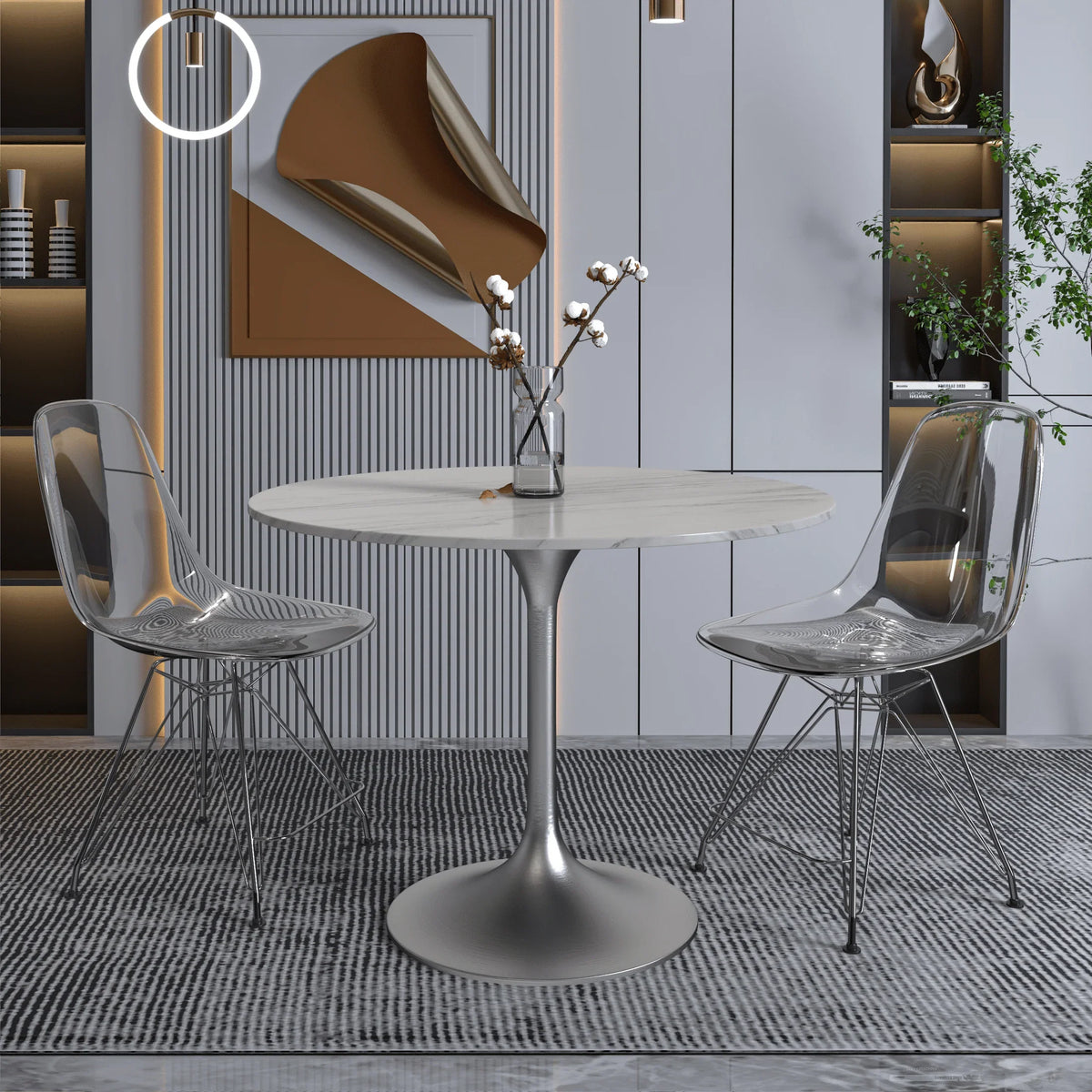 Verve Round Dining Table with MDF/Sintered Stone/Resin Tabletop in Silver Stainless Steel Pedestal Base - Elax Furniture