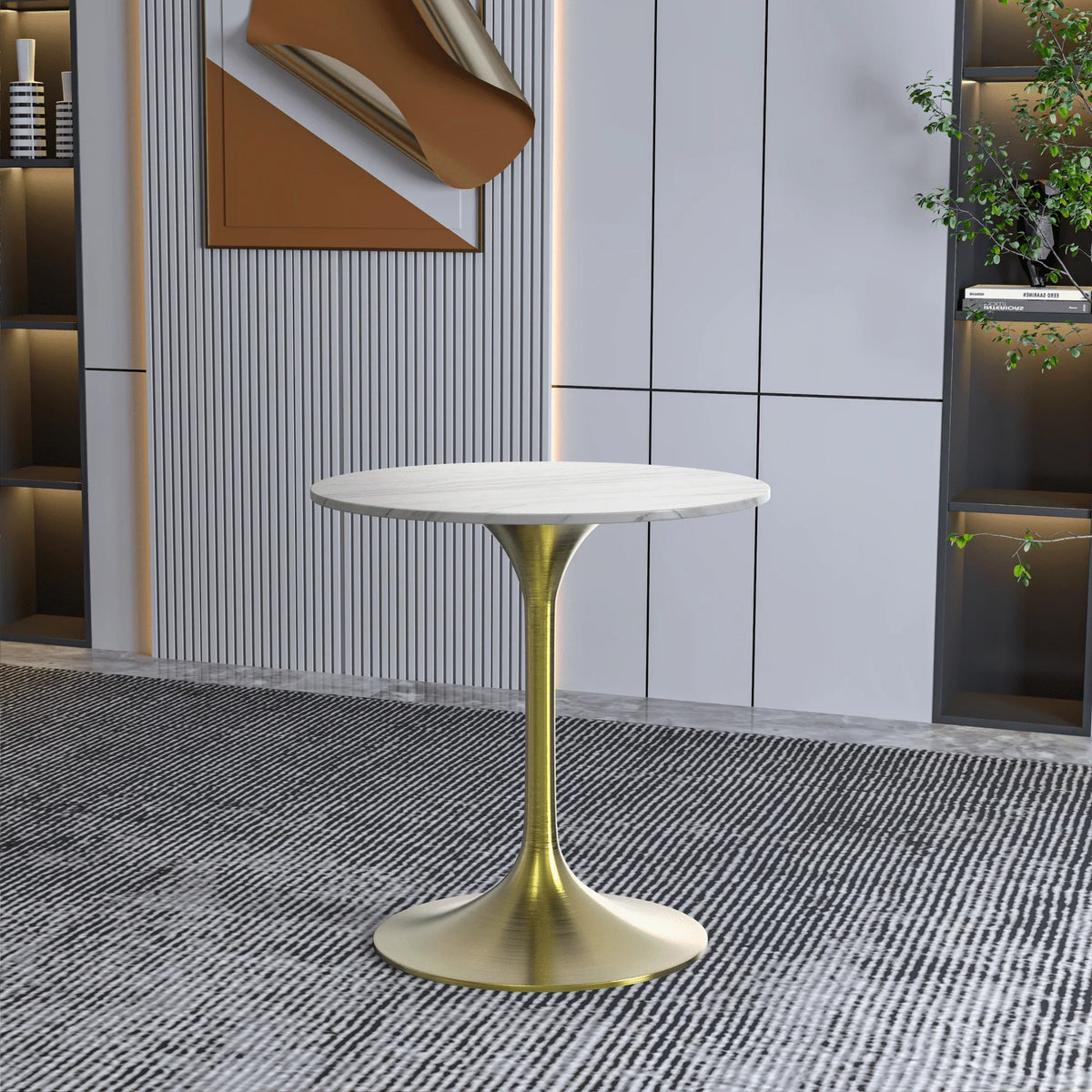 Verve Round Dining Table with MDF/Sintered Stone/Resin Tabletop in Gold Stainless Steel Pedestal Base - Elax Furniture