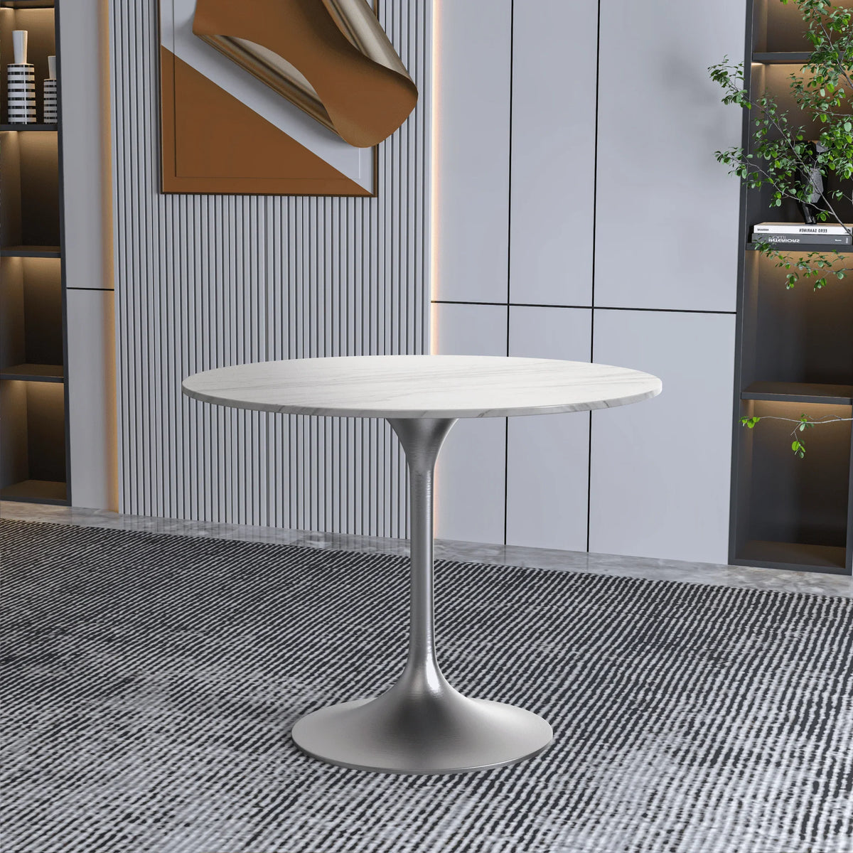 Verve Round Dining Table with MDF/Sintered Stone/Resin Tabletop in Silver Stainless Steel Pedestal Base - Elax Furniture