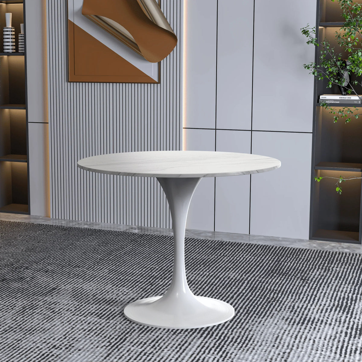 Verve Round Dining Table with MDF/Sintered Stone/Resin Tabletop in White Stainless Steel Pedestal Base - Elax Furniture