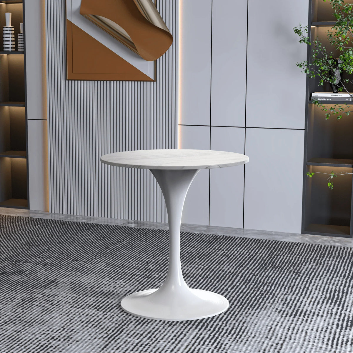 Verve Round Dining Table with MDF/Sintered Stone/Resin Tabletop in White Stainless Steel Pedestal Base - Elax Furniture