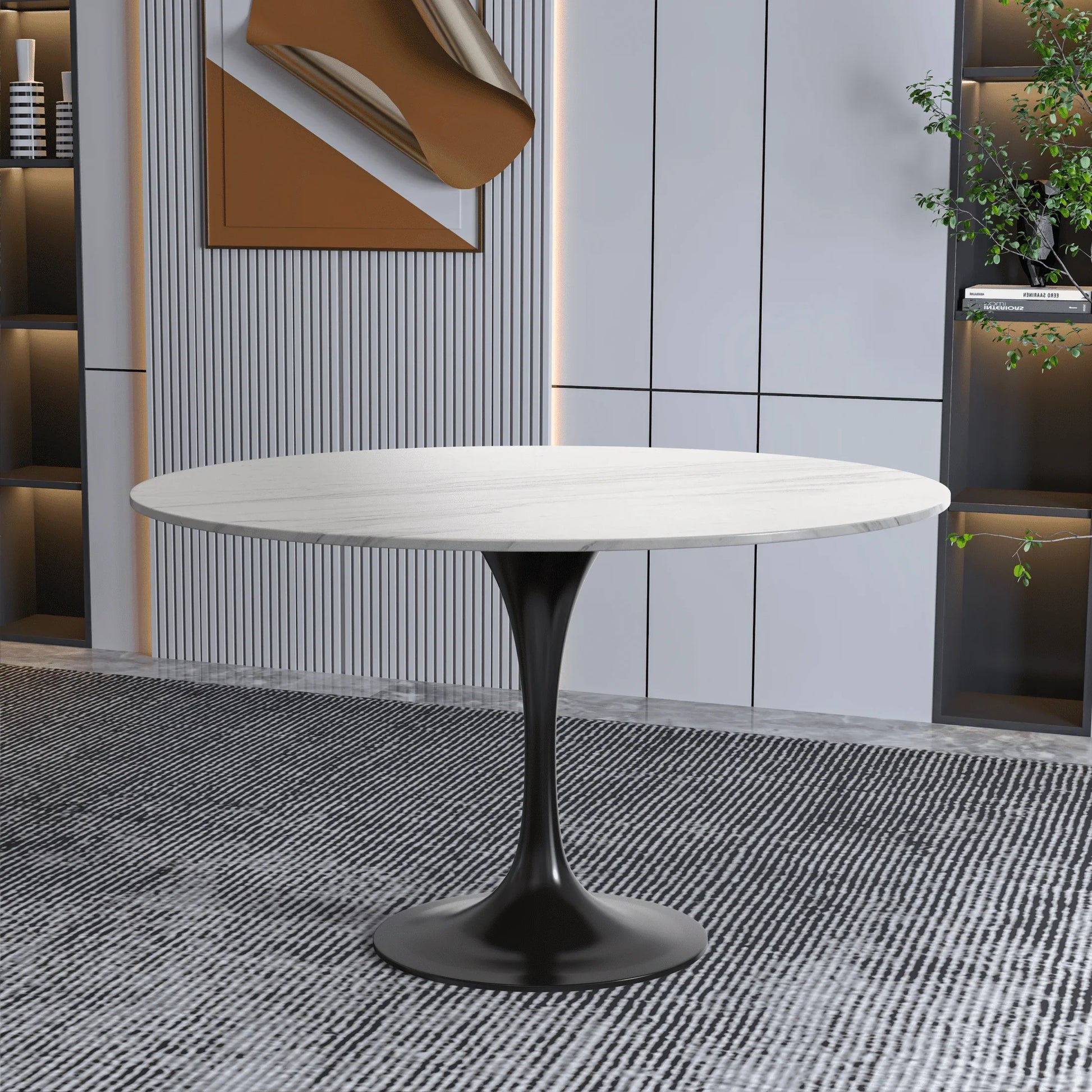 Verve Round Dining Table with MDF/Sintered Stone/Resin Tabletop in Black Stainless Steel Pedestal Base - Elax Furniture