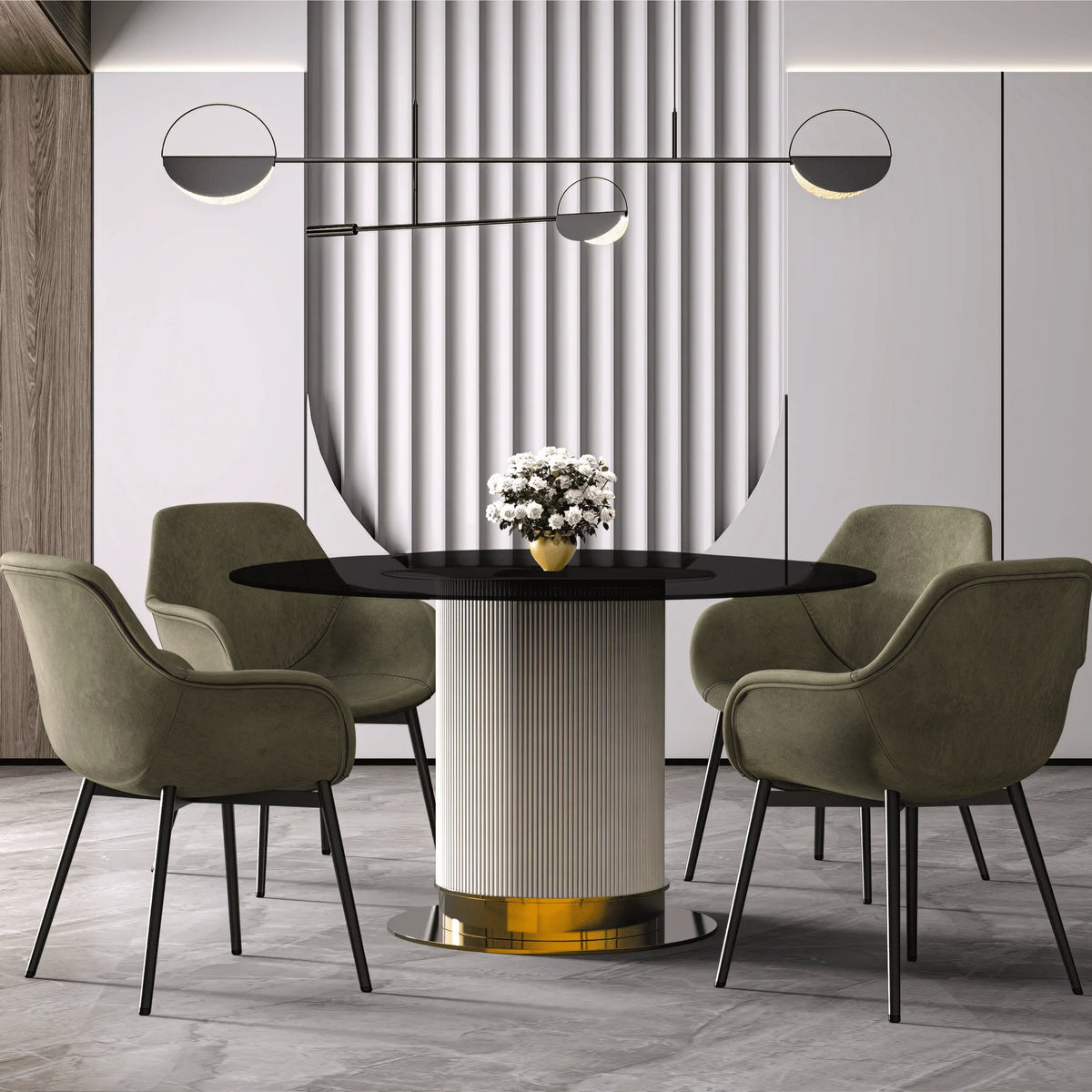 Jexis Round Dining Table with Glass/Sintered Stone Top and Stainless Steel Pedestal Base - Elax Furniture