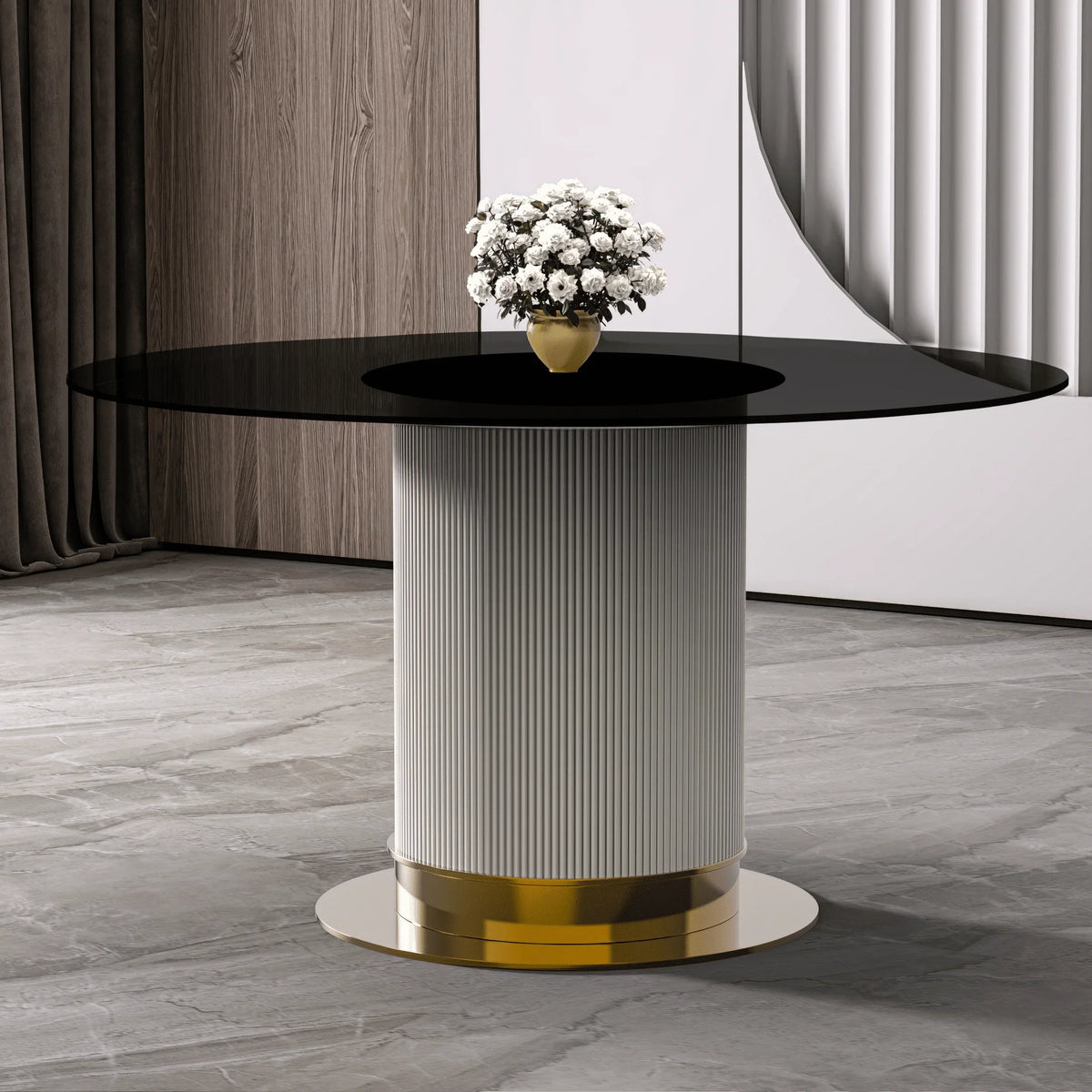Jexis Round Dining Table with Glass/Sintered Stone Top and Stainless Steel Pedestal Base - Elax Furniture