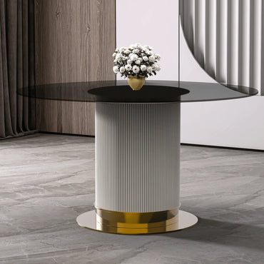 Jexis Round Dining Table with Glass/Sintered Stone Top and Stainless Steel Pedestal Base - Elax Furniture