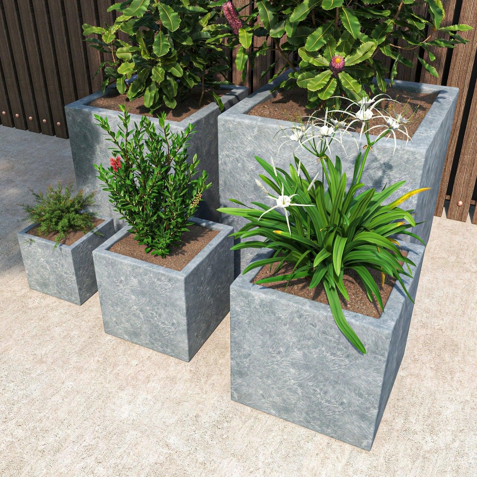 Flora Modern 3-Piece Rectangular Planter Pot Set in Fiberstone and Clay Weather Resistant Design in Grey - Elax Furniture