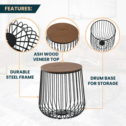 Runswick Round End Table Wood Tabletop With Steel Drum Base for Storage - Elax Furniture