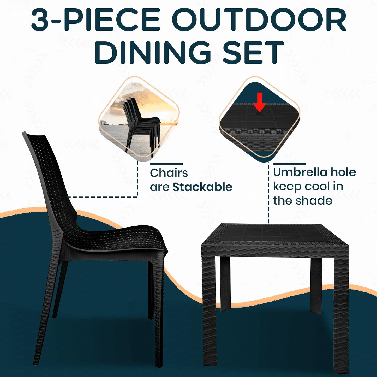 Kent Mid-Century Modern Weave Design 3-Piece Outdoor Patio Dining Set - Elax Furniture