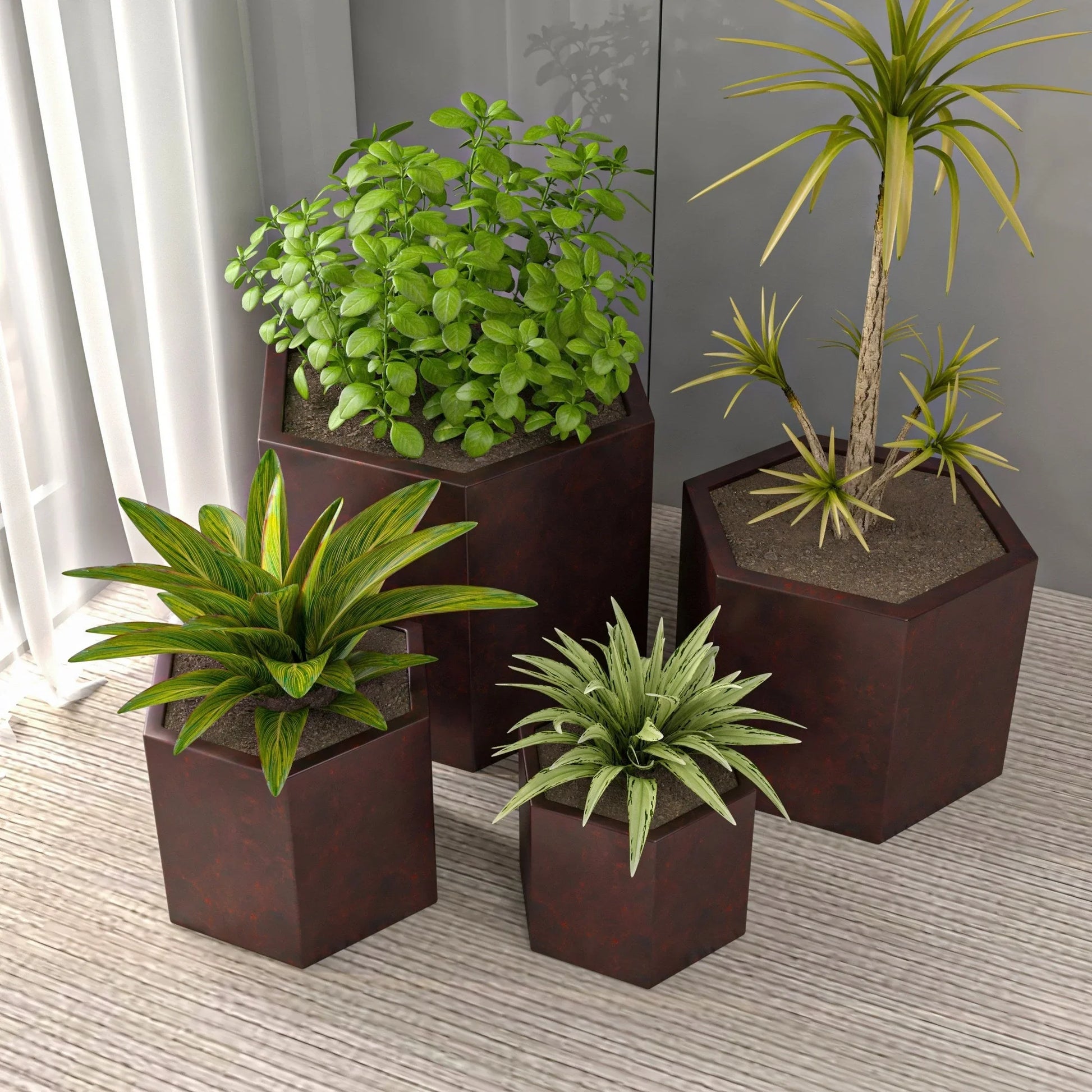 Thicket Modern 4-Piece Fiberstone Planter - Hexagon Design Weather Resistant Plant Pot - Elax Furniture