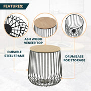 Runswick Round End Table Wood Tabletop With Steel Drum Base for Storage - Elax Furniture